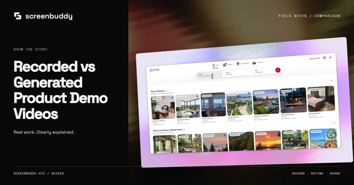ScreenBuddy footage and editor artwork for Recorded vs Generated Product Demo Videos