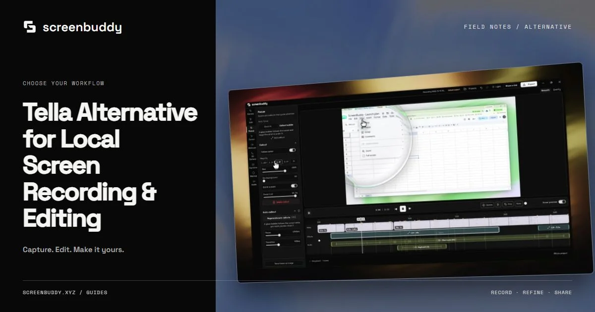 ScreenBuddy footage and editor artwork for Tella Alternative for Local Screen Recording & Editing