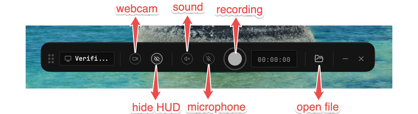 ScreenBuddy recording HUD showing webcam, hide HUD, sound, microphone, recording, timer, and open file controls
