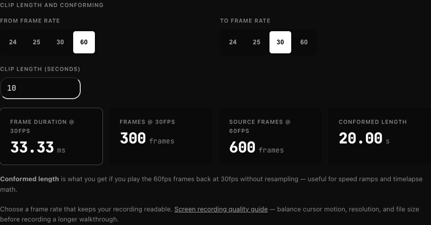 ScreenBuddy calculator set to 60 fps source, 30 fps target and 10 seconds, showing 600 source frames and a 20.00-second conformed length